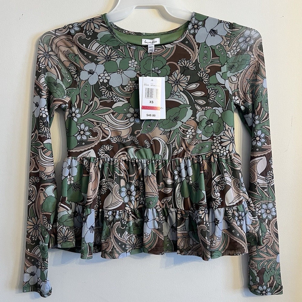 Love & Fire Floral‎ Babydoll Top Juniors XS Green Long Sleeve Boho Cottage New